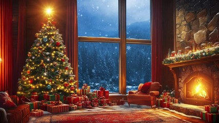 Holiday scene in a cozy cabin with a decorated Christmas tree, gifts and presents, fireplace, and snow-covered mountain view with falling snow