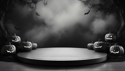 stage product, magical halloween scene, 3d, black and white; dark smoky background, 