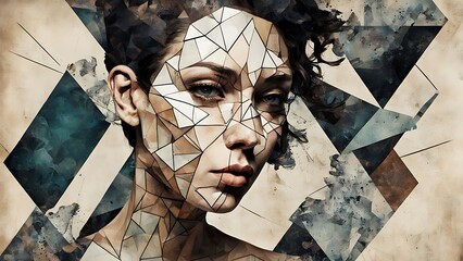 A digital mixed media piece where a human portrait is fragmented into geometric shapes, with contrasting textures like