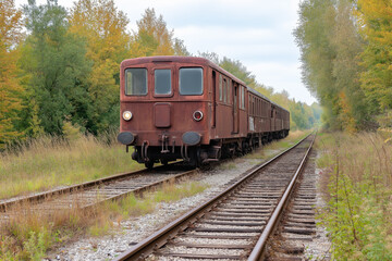 Obraz premium A rusty, old train stands on an overgrown and abandoned railway track