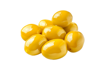 Closeup of fresh, glossy Manzanilla yellow olives with green leaves, isolated on a white transparent background. Concept of healthy eating and Mediterranean cuisine