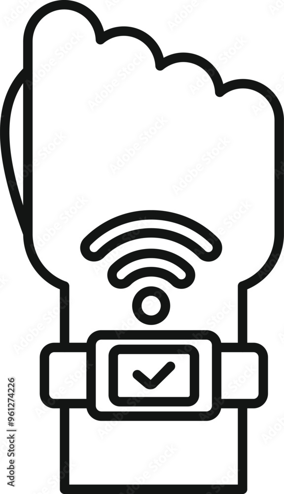Poster this icon represents a smartwatch with wifi connection and a checkmark on the screen, worn on a hand
