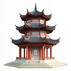 Fototapeta premium 3D Render of a traditional Chinese pagoda with layered roofs and red pillars, on isolated white background