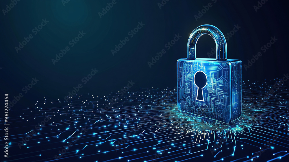 Poster cybersecurity digital data protection concept. digital data security padlock on futuristic circuit b