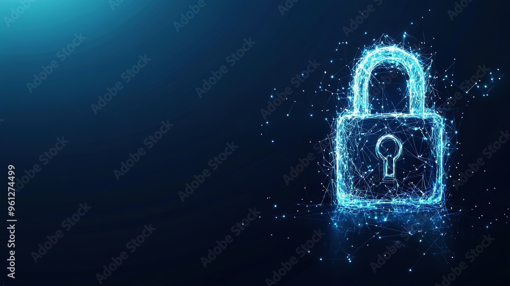 Poster cybersecurity digital data protection concept. digital data security padlock on futuristic circuit b