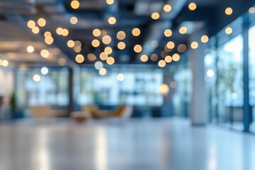 Blurred empty open space office. Abstract light bokeh at office interior background, ai