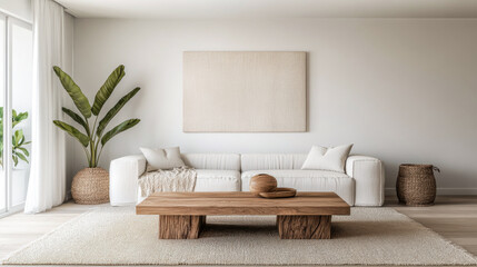 Fototapeta premium Bright minimalist Scandinavian living room with a natural wood table, bold artwork and a sofa