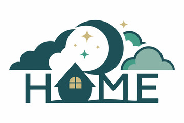 Halloween and Christmas Logotype Home with Moon in Cloudy Sky,