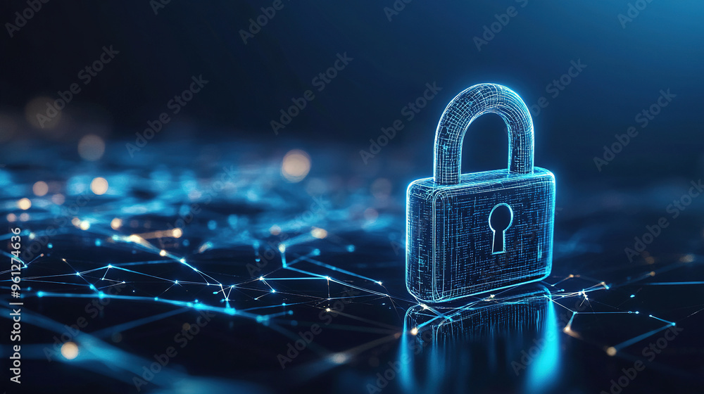 Poster cybersecurity digital data protection concept. digital data security padlock on futuristic circuit b