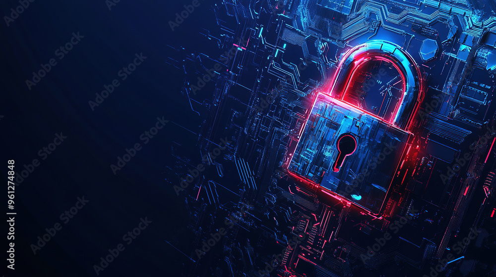 Poster cybersecurity digital data protection concept. digital data security padlock on futuristic circuit b