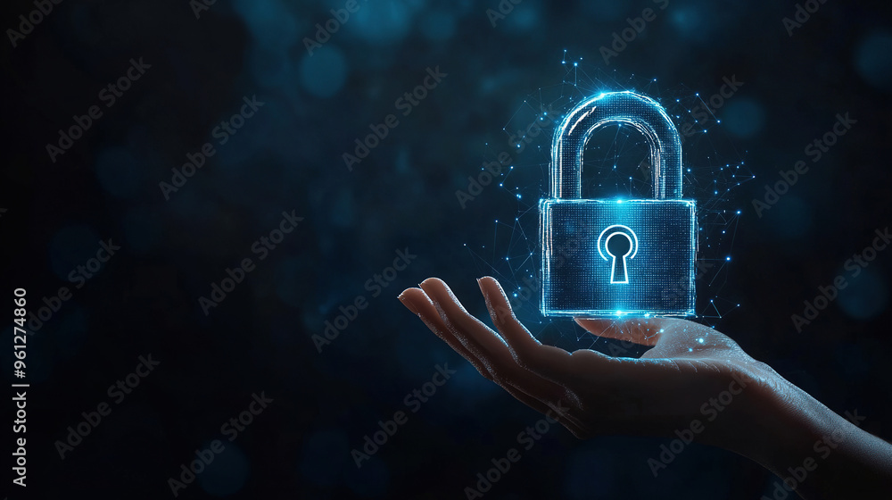 Poster cybersecurity digital data protection concept. digital data security padlock. digital security syste