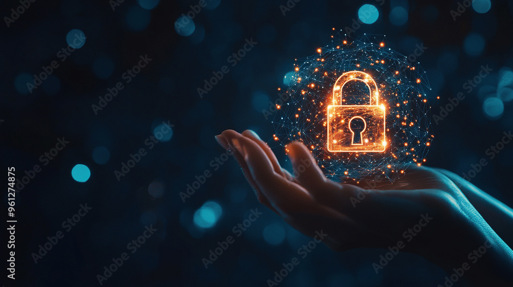 Poster cybersecurity digital data protection concept. digital data security padlock. digital security syste