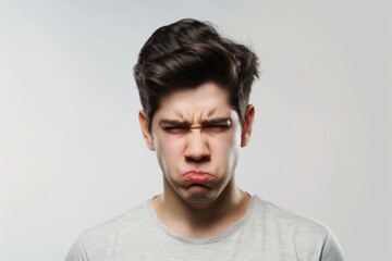Obraz premium Intense close-up portrait of an attractive young man expressing deep anger against a neutral studio background