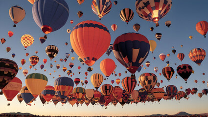 Naklejka premium Experience the Albuquerque International Balloon Fiesta in the USA, featuring a stunning array of colorful hot air balloons soaring across the sky, with breathtaking views, vibrant festivities