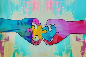 A vibrant collage of retro pinup art showcasing hands uniting two colorful jigsaw heart pieces against an abstract backdrop
