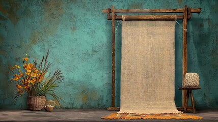 Ancient weaving loom in a rustic studio, natural fibers, soft warm lighting, muted tones, heritage craft, realistic, intricate textures