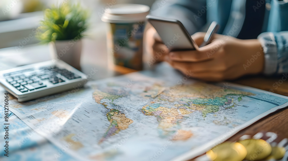 Poster a person using a smartphone over a world map and coffee.