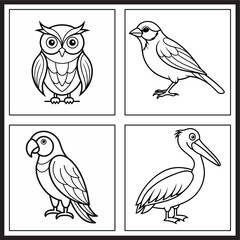 Kids colouring page with bird designs: owl, sparrow, parrot, pelican in detailed line art.