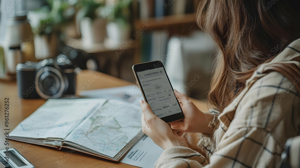 Poster a person using a smartphone while planning a trip with maps.