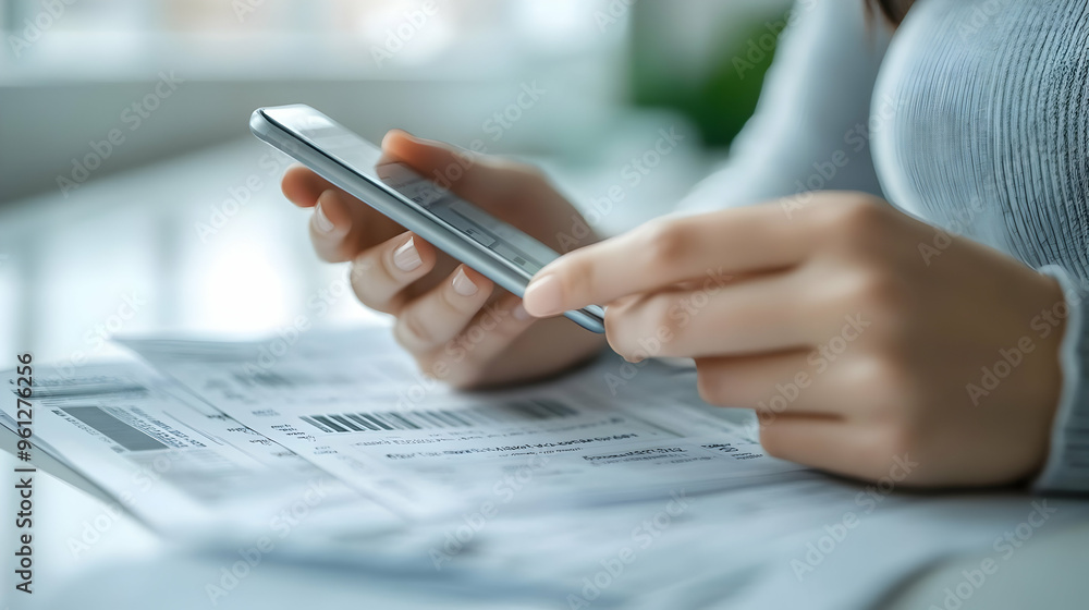Poster a person using a smartphone while reviewing documents.
