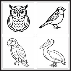 Kids colouring page with bird designs: owl, sparrow, parrot, pelican in detailed line art.