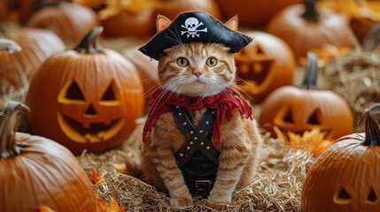 Naklejka premium Ginger cat wearing a pirate outfit sitting on a hay bale, surrounded by intricately carved pumpkins, festive fall background