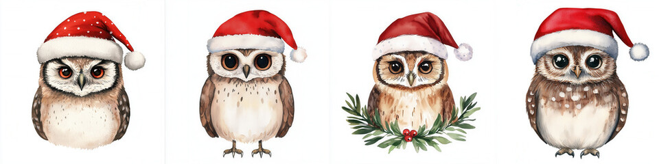 Obraz premium A boho owl wearing a Santa hat with feathers, watercolor illustration, neutral earthy tones, clipart style, isolated on white background