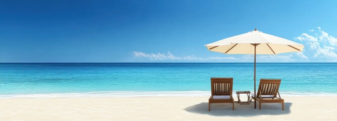 Relaxing Beach Scene with Two Loungers under a White Umbrella