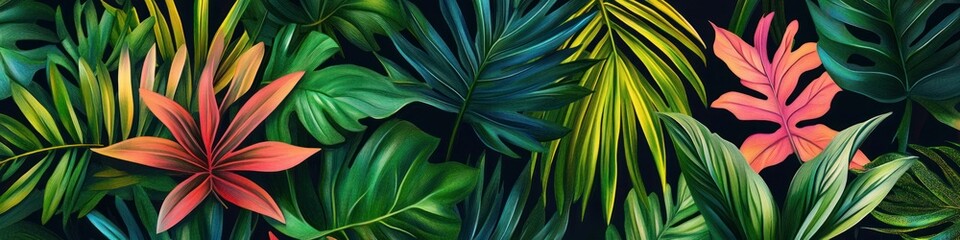 Bright tropical background banner with jungle plants and an exotic pattern featuring palm leaves.