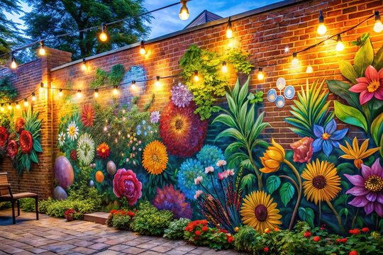 Vibrant mural on a brick wall in a lush garden, surrounded by colorful flowers and twinkling string lights, evoking a sense of whimsy and community.