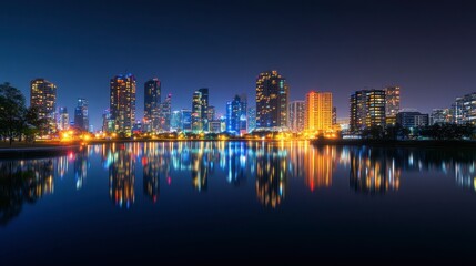 Fototapeta premium A city skyline at night with brightly lit skyscrapers and reflections on the calm water of a nearby river.