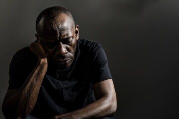 Fototapeta premium Contemplative sadness of a man experiencing despair in a somber, dimly lit environment