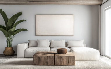 Naklejka premium Bright minimalist Scandinavian living room with a natural wood table, bold artwork and a sofa