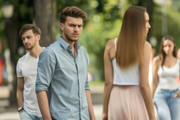 Obraz premium A disloyal man walking with his girlfriend, captivated by a seductive stranger in a vibrant urban park during a sunny afternoon