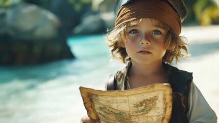 Little boy dressed as a pirate with a treasure map, standing on a tropical island background