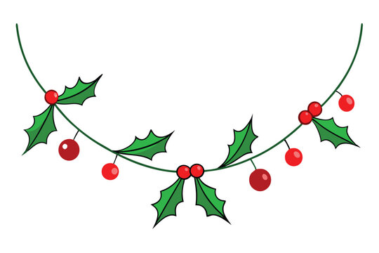 Christmas evergreen garland with berries vector line art, clipart illustration with isolated on white background - Powered by Adobe