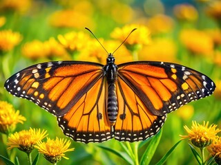 Obraz premium Vibrant orange and black monarch butterfly with delicate wings spread wide, perched on a bright yellow flower in a lush green meadow landscape.