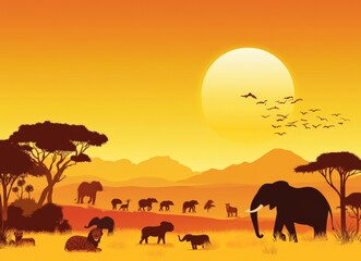 Fototapeta premium African savannah sunset with silhouettes of elephants and trees in nature