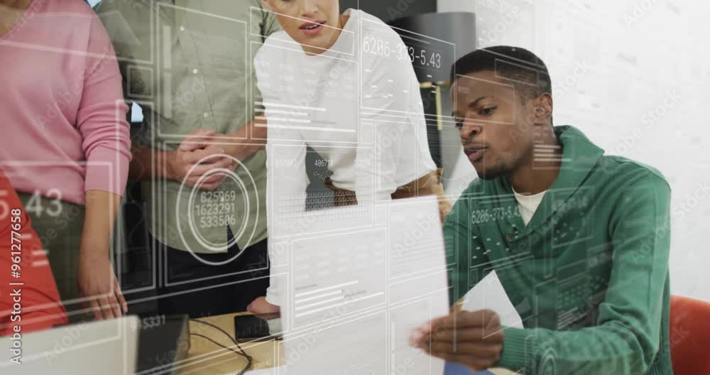 Poster analyzing data and discussing, diverse team in office with digital interface animation