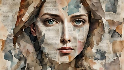 A portrait of a woman composed of fragmented pieces of old newspaper clippings, watercolor washes, and digital brushstrokes, giving a sense of fragmented identity.