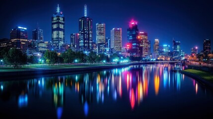 Fototapeta premium A city skyline at night with brightly lit skyscrapers and reflections on the calm water of a nearby river.