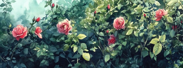 Captivating Watercolor Painting of Vibrant Roses Surrounded by Lush Greenery