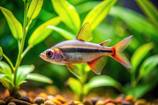 Aquarium tank with Pethia Conchonius fry and plants, selective focus