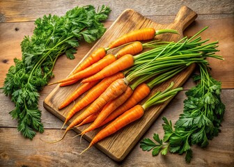 Vibrant orange carrots with leafy green tops, artfully arranged on a rustic wooden cutting board, surrounded by fresh herbs, on a warm beige background.