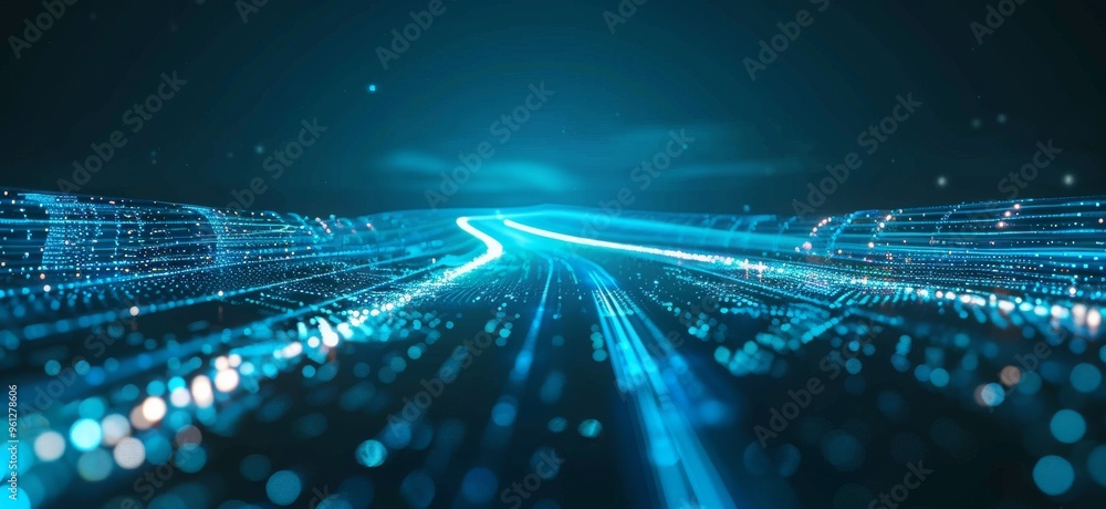 Poster abstract digital background with blue glowing lines and particles, creating an impressive futuristic