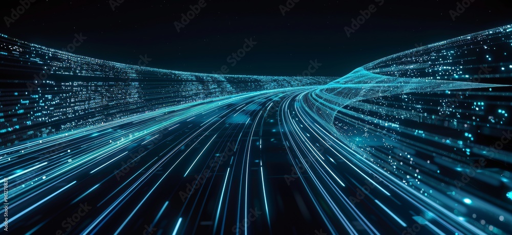Poster abstract digital background with blue glowing lines and particles, creating an impressive futuristic