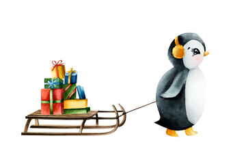 Cute smiling penguin with yellow earmuffs pulling wood winter sleigh with stack gifts. Christmas present boxes with ribbons, watercolor hand painted sled illustration isolated on background. For desig