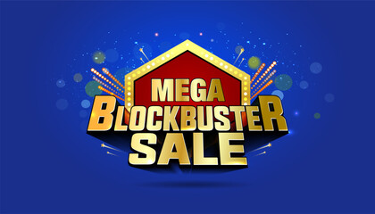 Festive Diwali Navratri background with Mega Blockbuster sale logo design. Offer, shopping, Sparklers, fireworks, golden retro, 3d typography, lights on dark blue background.