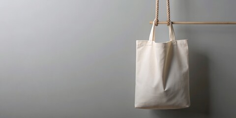 A blank cotton tote bag mockup showcases a customizable design space, a rope suspension, and a plain background,