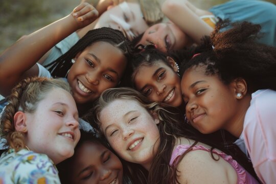A joyful gathering of young girls celebrating diversity and self-love under the warm sun in a picturesque outdoor setting